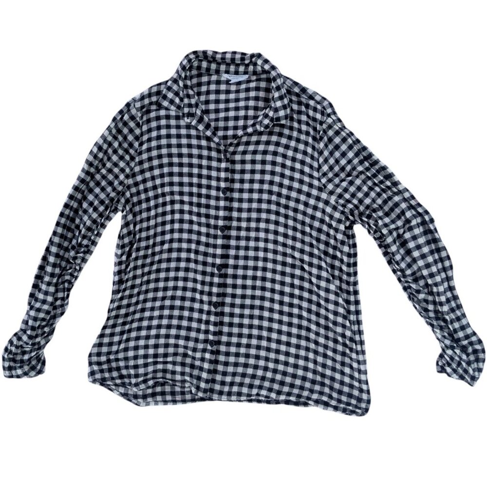 BeachLunchLounge Womens Size Large Button Top Gingham Ruched Sleeves Soft Grunge